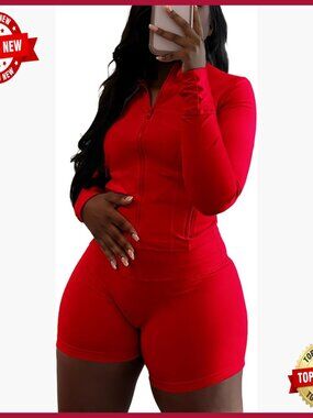 Long Sleeve Zip Sweatshirt Jacket with Biker Shorts 2-Piece Workout Set